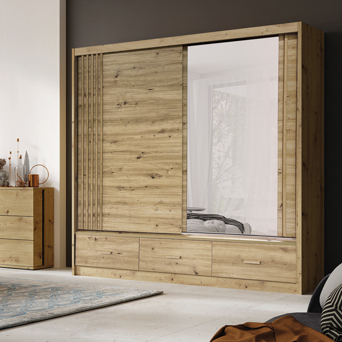 Canada 2 Door Mirrored Sliding Wardrobe with 3 Drawers 200/215/60 - CA1-200