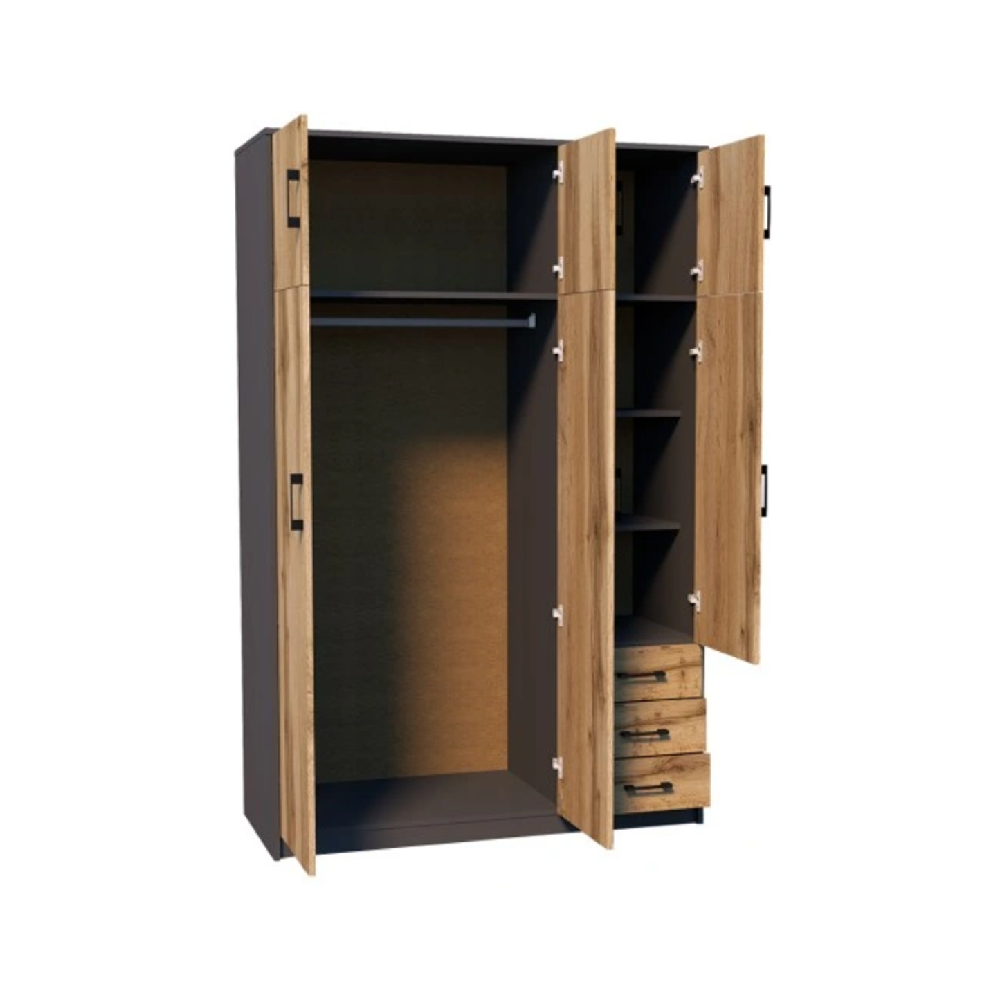 Windsor 3 Door Wardrobe with Storage Graphite and Wotan Oak 127/193/54 - SZ03